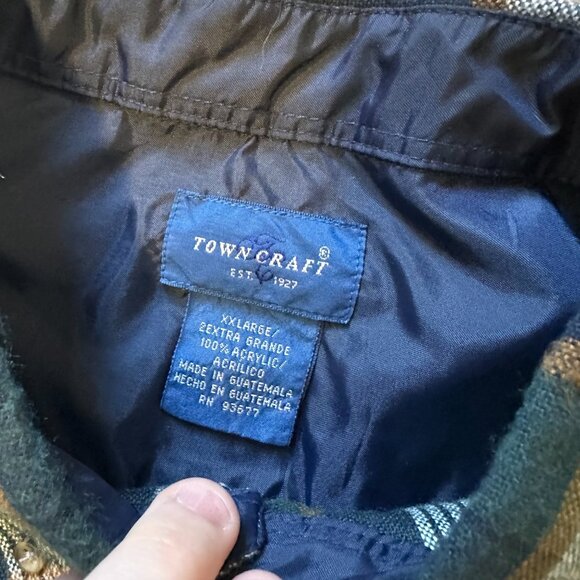 Town Craft Vintage Casual Button Down Mens XXL Green Plaid Rugged Flannel Shirt - Picture 2 of 5